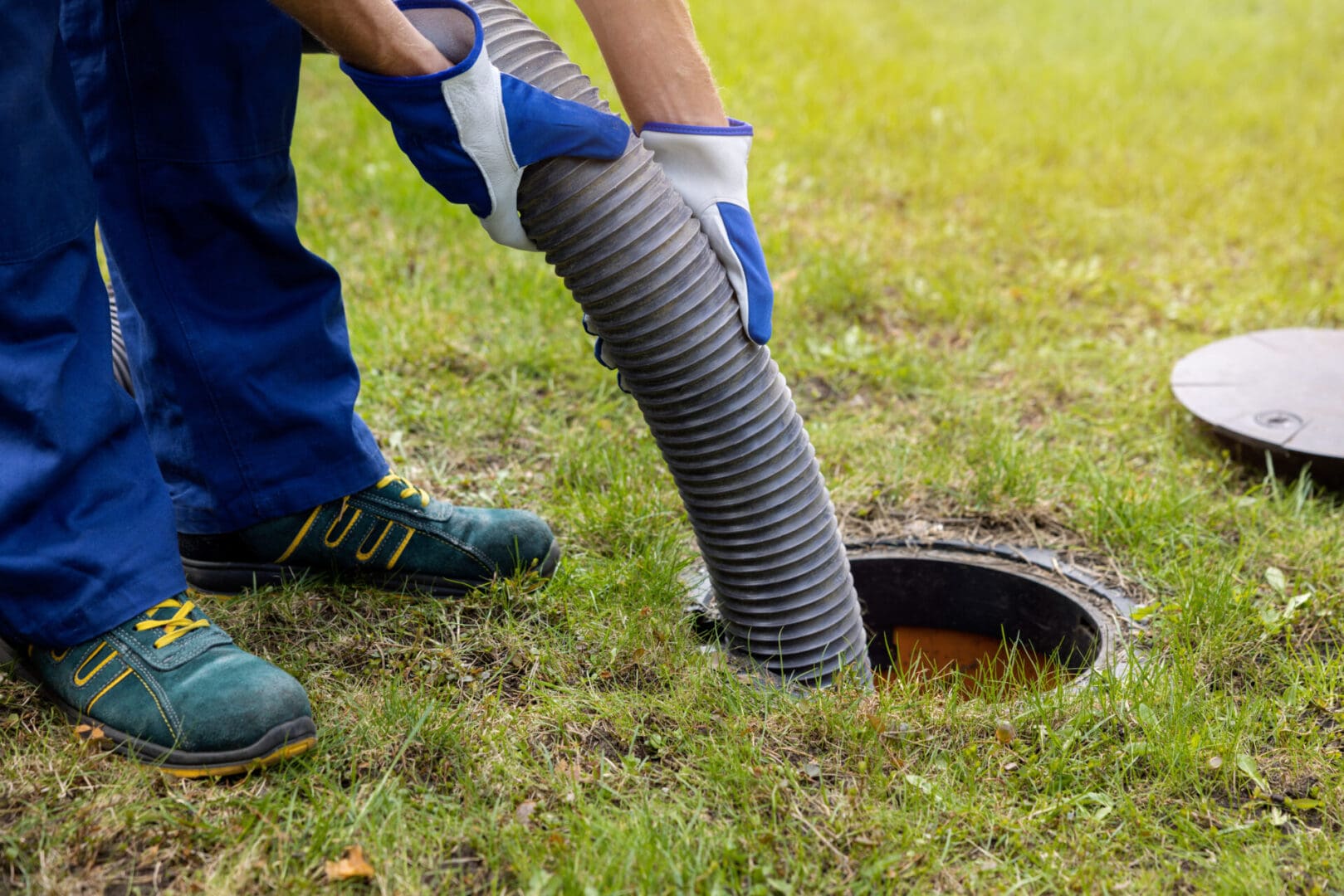Technician handling waste removal hose